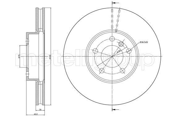 METELLI 23-1300C: Piduriketas Ø: 332,0mm, õhutusega, Ø: 332,0mm, värvitud