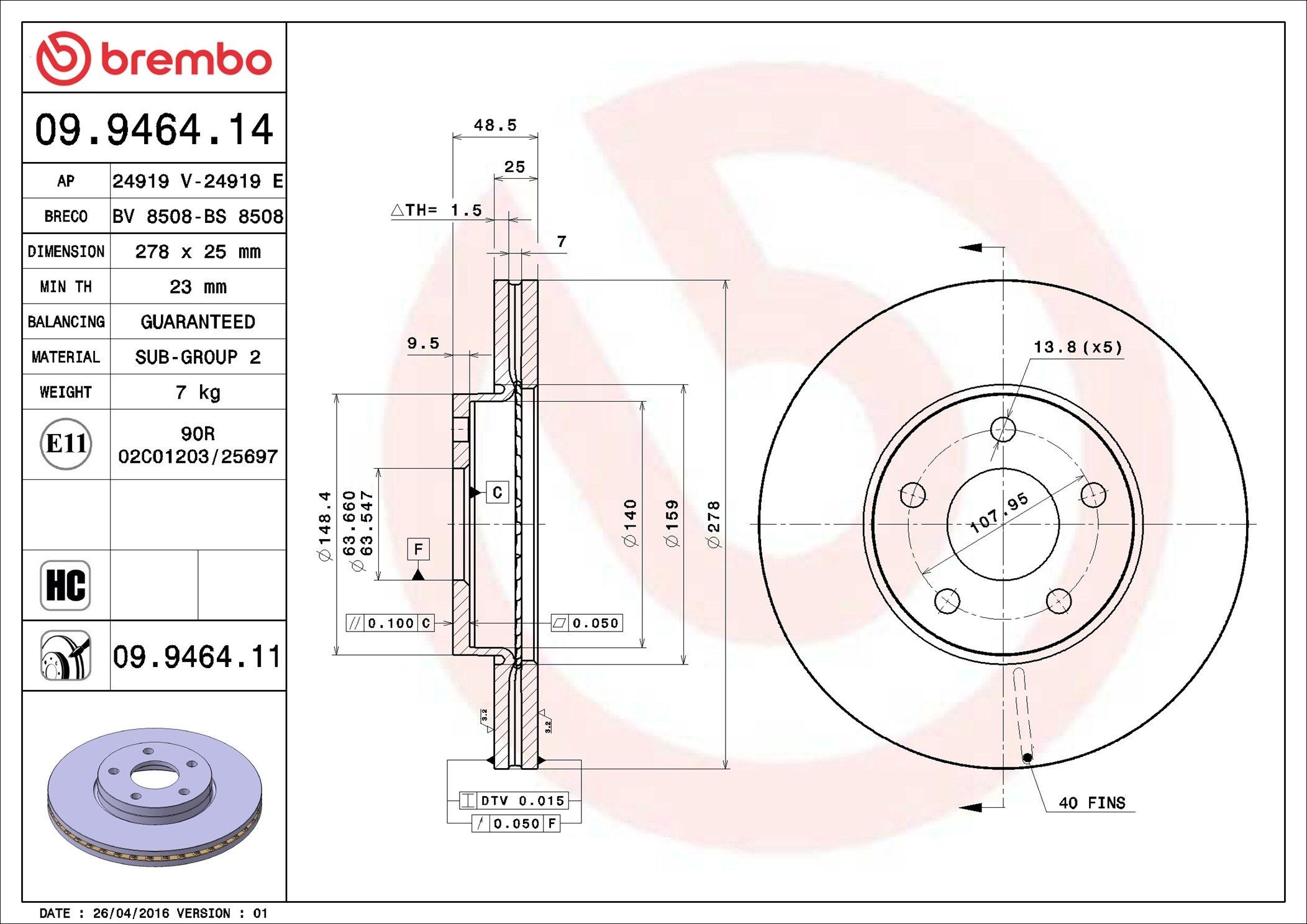 AP 24919 E: Jarrulevy Ø: 278mm, tuuletettu sisältä, Ø: 278mm