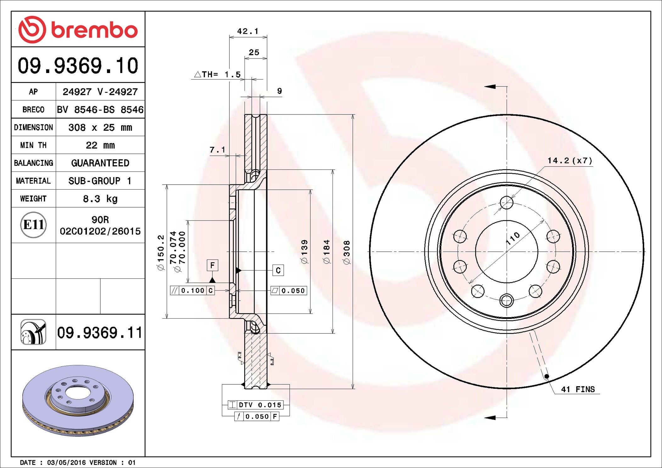 AP 24927: Disco de freno Ø: 308mm, ventilación interna, Ø: 308mm