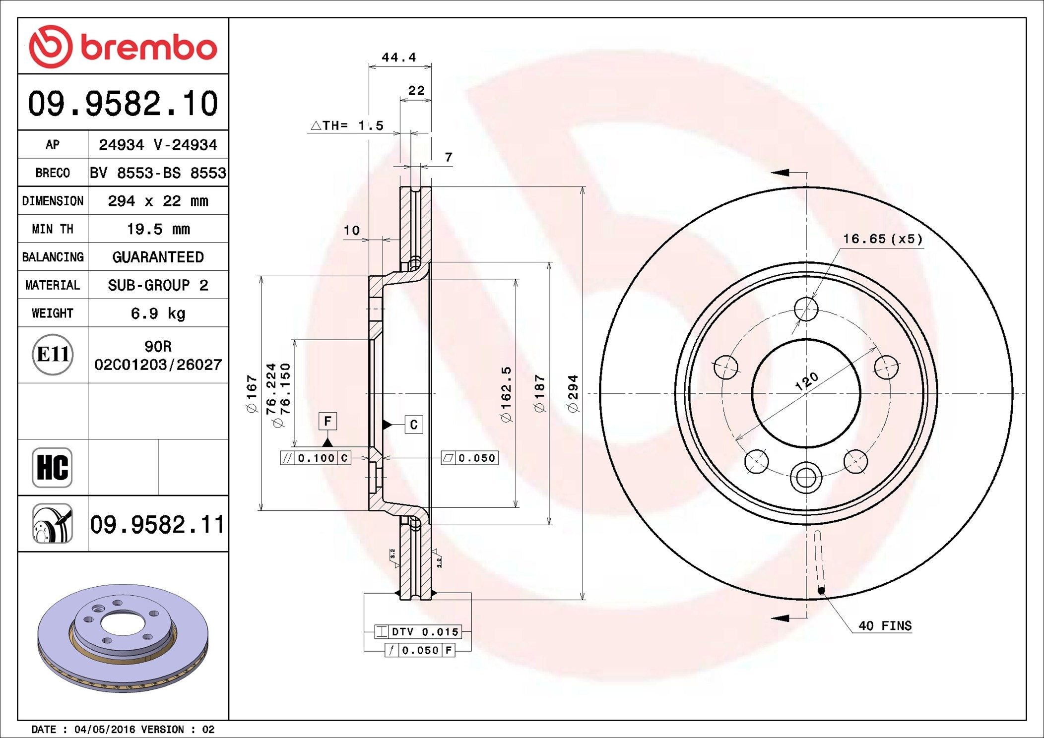 AP 24934: Disque de frein Ø: 294mm, ventilé de l'intérieur, Ø: 294mm