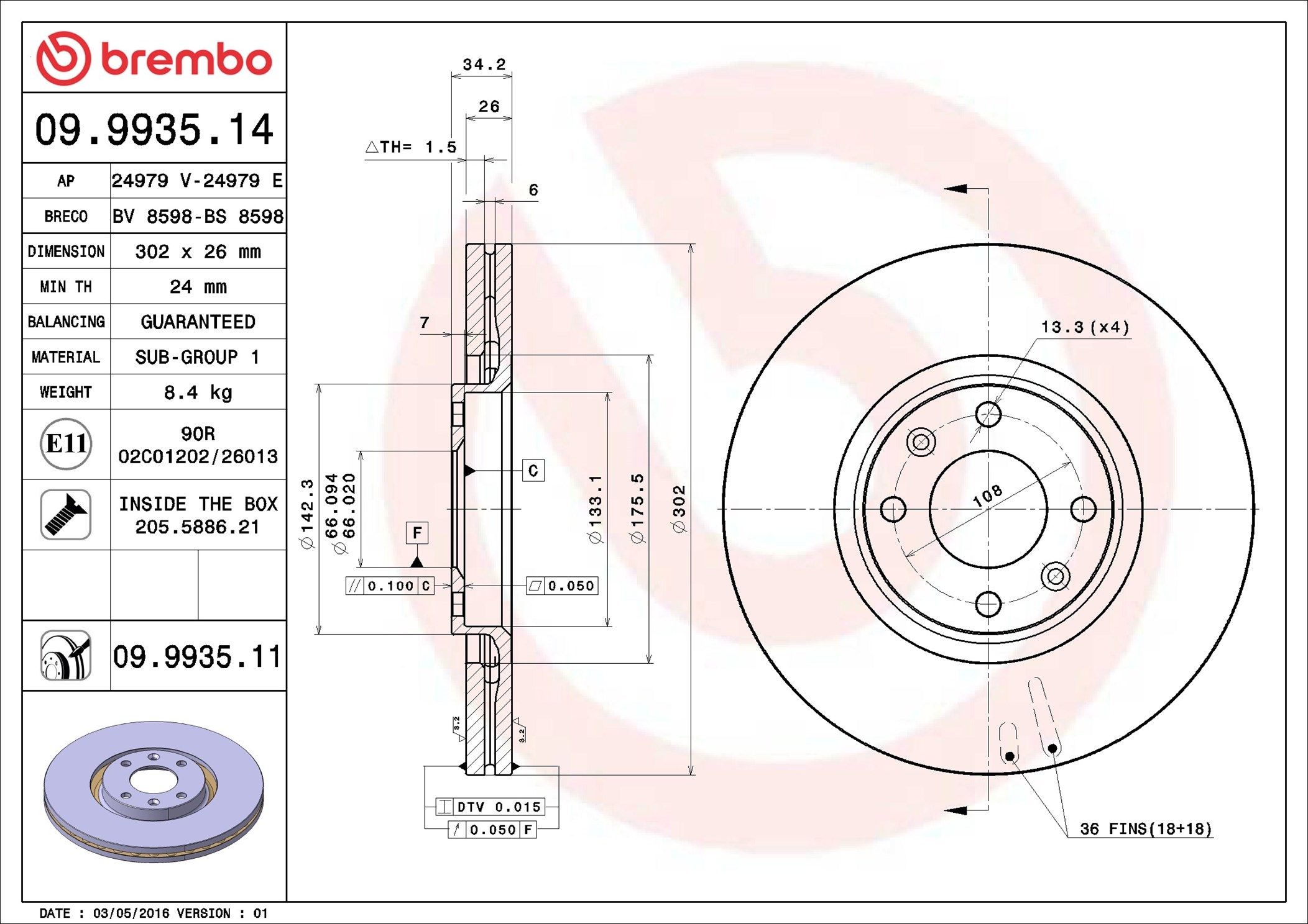 AP 24979 E: Piduriketas Ø: 302mm, sisemine õhutus, Ø: 302mm, koos kruvidega