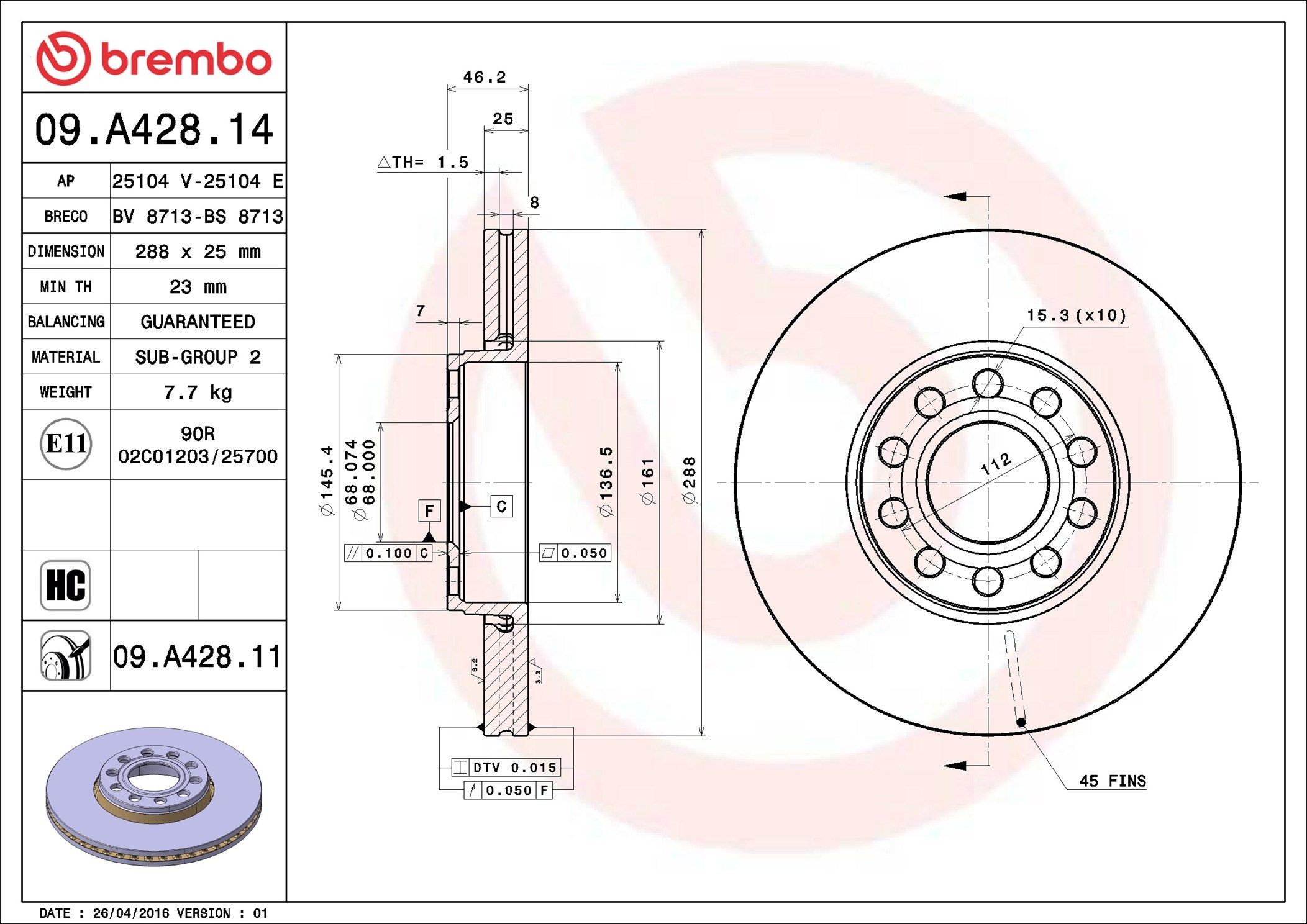 AP 25104 E: Piduriketas Ø: 288mm, sisemine õhutus, Ø: 288mm