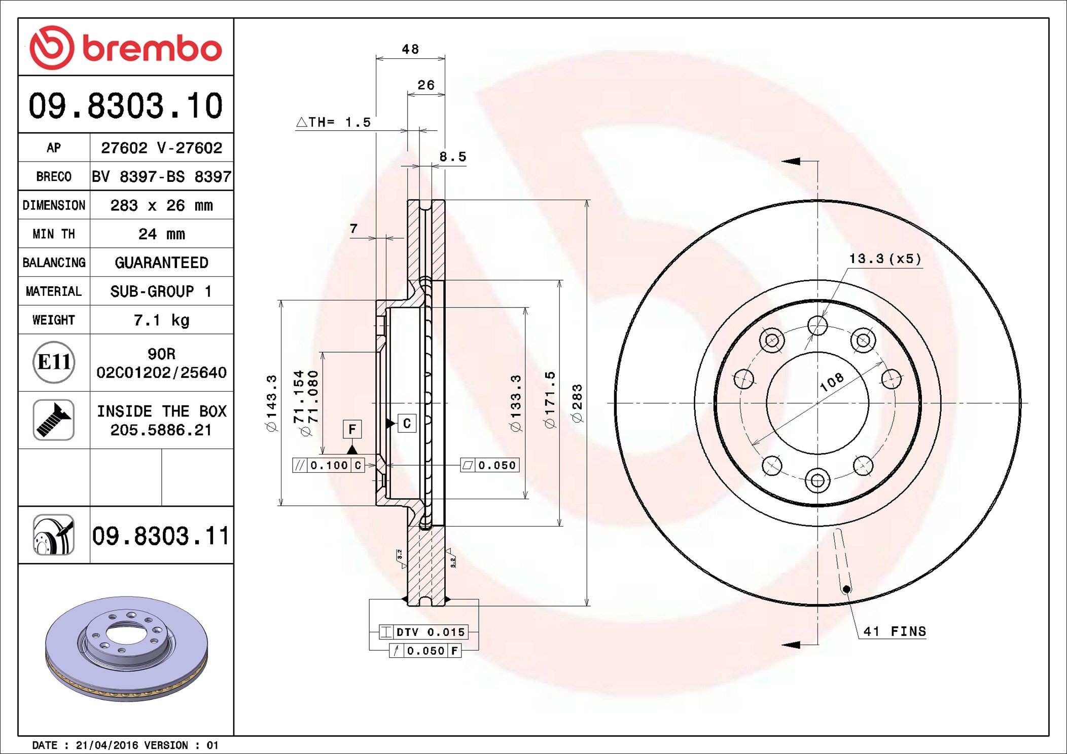 AP 27602: Disc de frână Ř: 283mm, ventilat interior, Ř: 283mm, cu suruburi