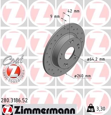 ZIMMERMANN 280.3186.52: Piduriketas Ø: 260mm, täis, perforeeritud, Ø: 260mm, kaetud SPORT COAT Z
