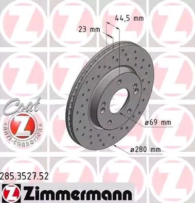 ZIMMERMANN 285.3527.52: Piduriketas Ø: 280mm, sisemine õhutus, perforeeritud, Ø: 280mm, kaetud SPORT COAT Z