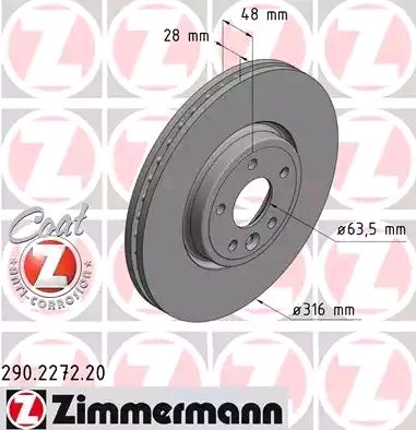 ZIMMERMANN 290.2272.20: Disc de frână Ř: 316mm, ventilat interior, Ř: 316mm, acoperit (cu un strat protector) COAT Z