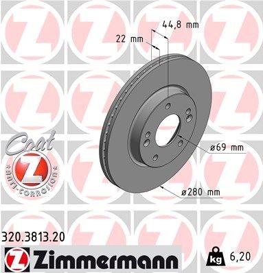 ZIMMERMANN 320.3813.20: Stabdžių diskas COAT Z Ø: 280mm, vidinis ventiliavimas, Ø: 280mm, padengta