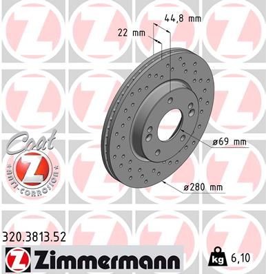 ZIMMERMANN 320.3813.52: Piduriketas SPORT Z Ø: 280mm, sisemine õhutus, perforeeritud, Ø: 280mm, kaetud