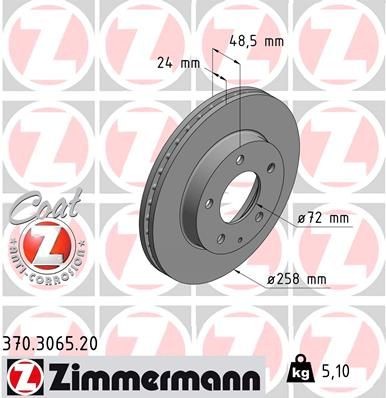 ZIMMERMANN 370.3065.20: Stabdžių diskas Ø: 258mm, vidinis ventiliavimas, Ø: 258mm, padengta COAT Z
