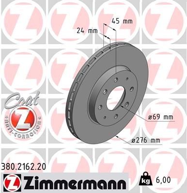 ZIMMERMANN 380.2162.20: Piduriketas Ø: 276mm, sisemine õhutus, Ø: 276mm, kaetud COAT Z