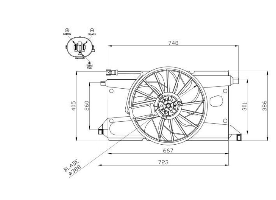 NRF 47266: Radiaatori ventilaator 390mm, koos juhtseadmega, koos jahutusventilaatoriraamiga(Zarge)