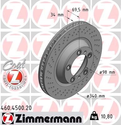 ZIMMERMANN 460.4500.20: Piduriketas Ø: 340mm, sisemine õhutus, perforeeritud, Ø: 340mm, kaetud COAT Z