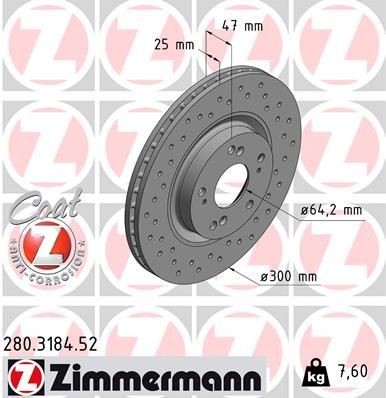 ZIMMERMANN 280.3184.52: Bromsskiva SPORT Z Ø: 300mm, ventilerad invändigt, hålad, Ø: 300mm, belagd