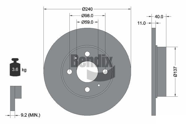 BENDIX Braking BDS1020: Bremseskive Ø: 240mm, fuldstændigt, Ø: 240mm, coatet, uden hjulnav, uden hjullejer, uden hjulbolte