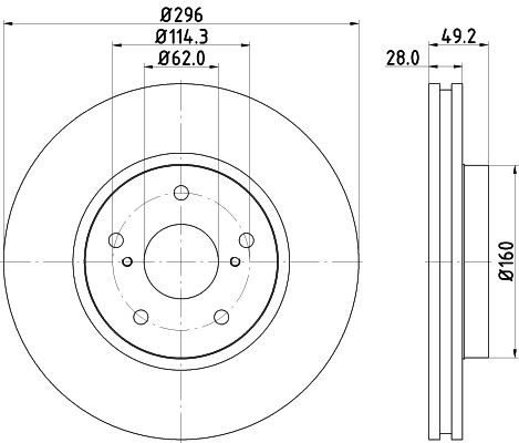 HELLA 8DD 355 109-001: Remschijf Ø: 280,0mm, interne ventilatie, Ø: 280,0mm, Gecoat, Zonder wielnaaf, Zonder wielbevestigingsbout PRO