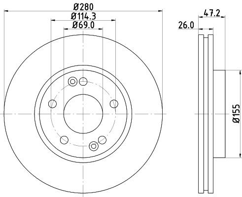 HELLA PAGID 8DD 355 118-151: Remschijf PRO Ø: 280mm, interne ventilatie, Ø: 280mm, Gecoat, Zonder wielnaaf, Zonder wiellager, Zonder wielbevestigingsbout