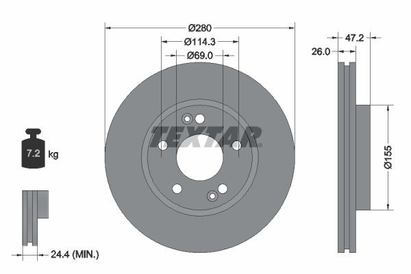 TEXTAR 92161605: Remschijf Ø: 280mm, interne ventilatie, Ø: 280mm, Gecoat, Zonder wielnaaf, Zonder wiellager, Zonder wielbevestigingsbout PRO+