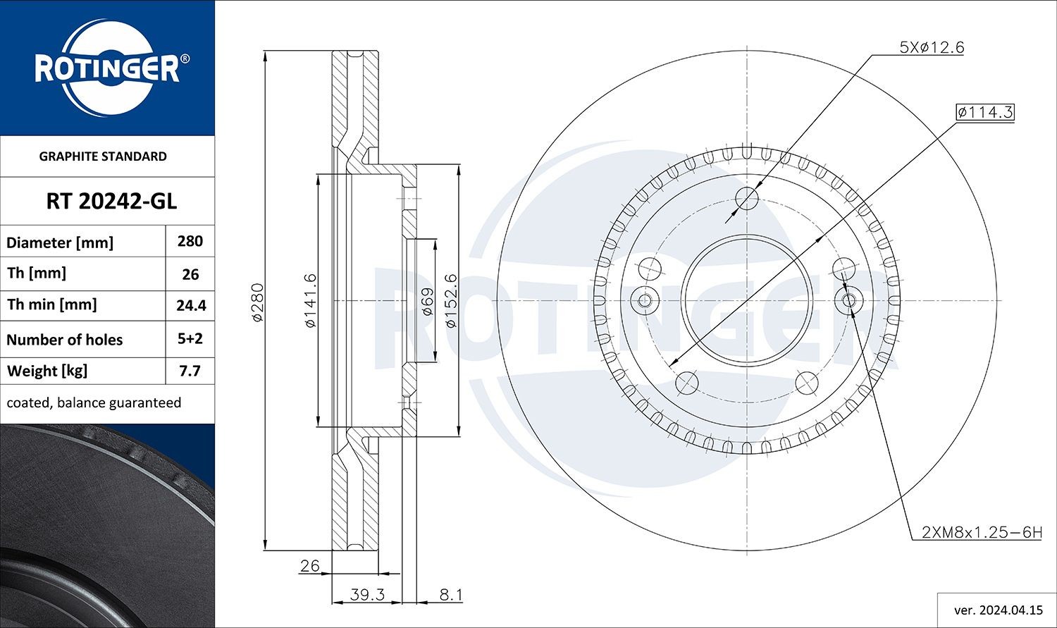 ROTINGER RT 20242-GL: Remschijf GRAPHITE LINE Vooras, Ø: 280mm, Geventileerd, Ø: 280mm, Gegalvaniseerd