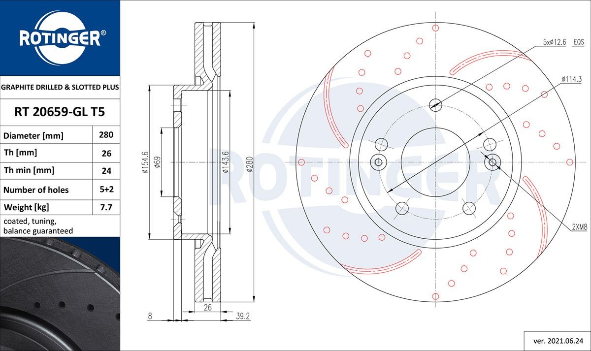 ROTINGER RT 20659-GL T5: Remschijf GRAPHITE DRILLED & SLOTTED PLUS Vooras, Ø: 280mm, Geventileerd, Geperforeerd, Ø: 280mm, Gegalvaniseerd