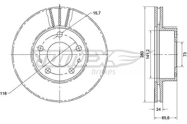 TOMEX brakes TX 70-19: Remschijf Vooras, Ø: 280mm, Geventileerd, Ø: 280mm, Gelakt