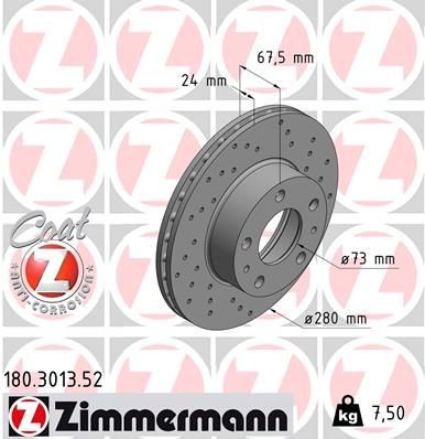 ZIMMERMANN 180.3013.52: Remschijf Vooras, Ø: 280mm, interne ventilatie, Geperforeerd, Ø: 280mm, Gecoat SPORT COAT Z