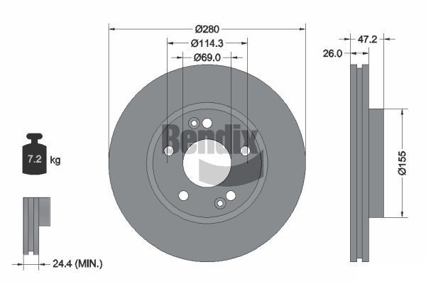 BENDIX Braking BDS1206HC: Remschijf Ø: 280mm, interne ventilatie, Ø: 280mm, Gecoat, Zonder wielnaaf, Zonder wiellager, Zonder wielbevestigingsbout
