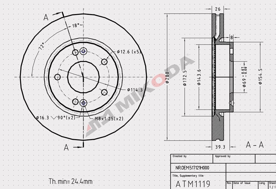MIKODA 1119S: Remschijf Ø: 280mm, met sleuven/geperforeerd, Ø: 280mm GT