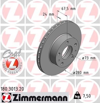 ZIMMERMANN 180.3013.20: Remschijf Vooras, Ø: 280mm, interne ventilatie, Ø: 280mm, Gecoat COAT Z