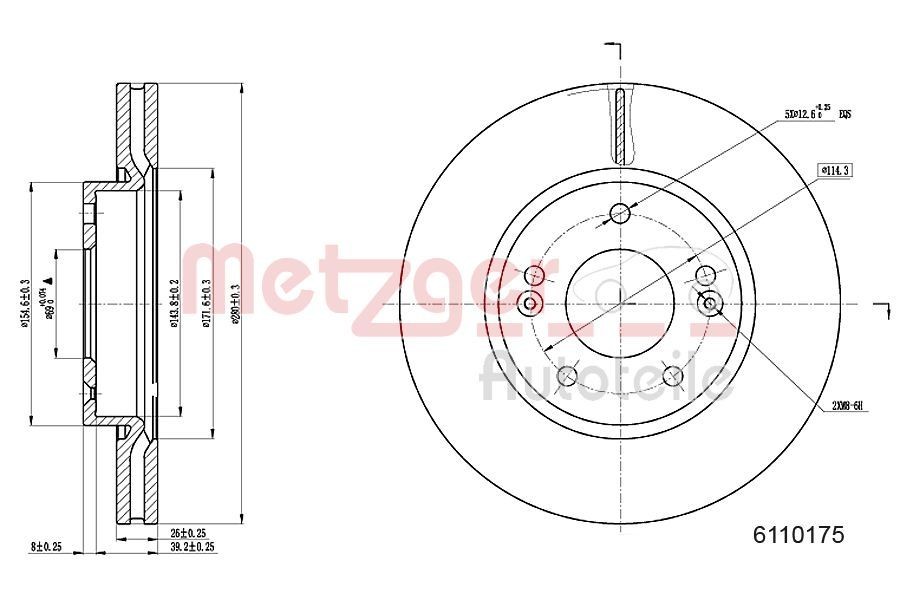 METZGER 6110175: Remschijf Vooras links, Vooras rechts, Ø: 280mm, interne ventilatie, Ø: 280mm, Gelakt, Kruislings geslepen