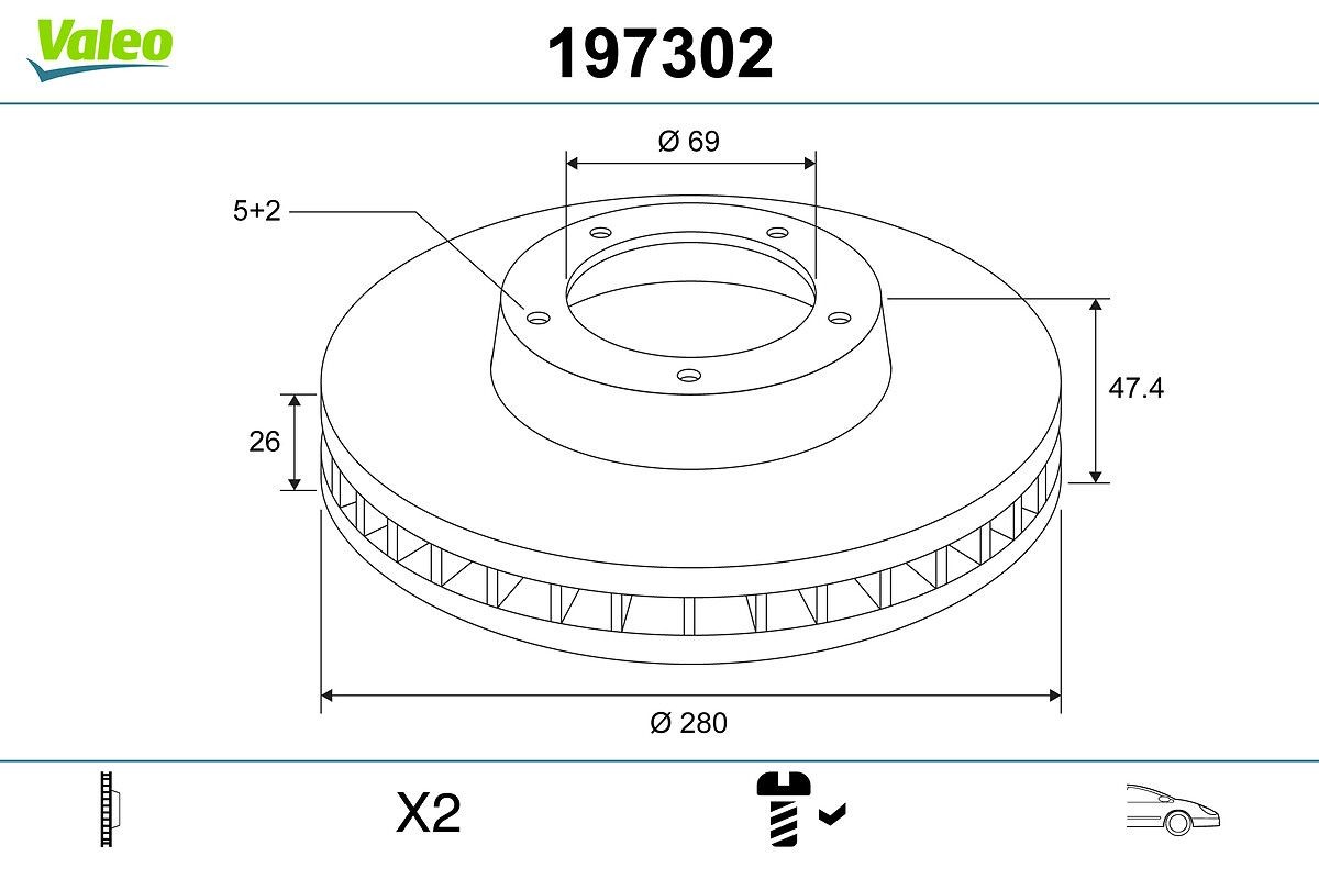 VALEO 197302: Remschijf Vooras, Ø: 280mm, Geventileerd, Ø: 280mm, Met schroef