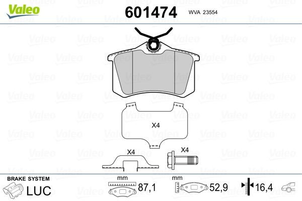 VALEO 601474: Bremžu kluči Aizmugurējais tilts, ar vadotnēm, ar skrūvēm, ar piespiedējplāksni