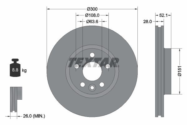 TEXTAR 92159205: Féktárcsa Ø: 300mm, belső hűtésű, Ø: 300mm, bevonatolt, kerékagy nélkül, kerékcsapágy nélkül, kerékrögzítő csavar nélkül PRO+