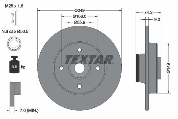 TEXTAR 92194103: Bremžu diski Ø: 249mm, pilnīgi, Ø: 249mm, ar ass uzgriezni, pārklāts, ar integrētu magnētisko devēja gredzenu, ar riteņa rumbas gultni, bez riteņu stiprināšanas skrūvēm, ar riteņa rumbu PRO