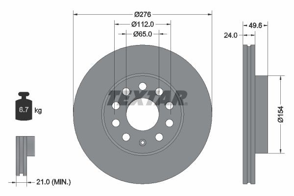 TEXTAR 92271903: Bromsskiva Ø: 276mm, ventilerad invändigt, Ø: 276mm, belagd, utan hjulvnav, utan hjullager, utan hjulbultar PRO