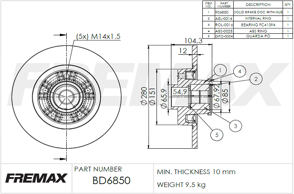 FREMAX BD-6850: Bremžu diski Aizmugurējais tilts, Ø: 280mm, pilnīgi, Ø: 280mm, daļēji ar pārklājumu