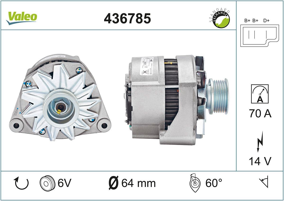 VALEO 436785: Alternador 70A REMANUFACTURED PREMIUM