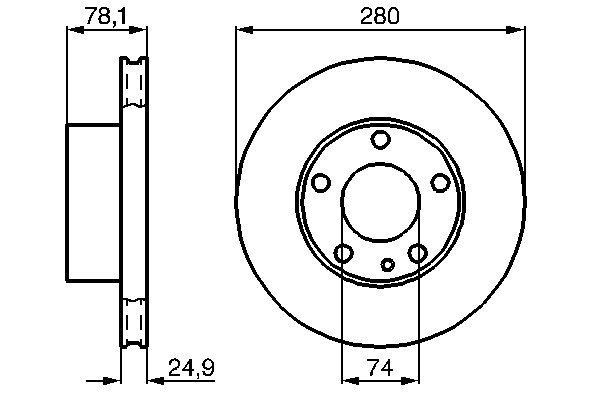 BOSCH 0 986 478 049: Remschijf Ø: 280mm, Geventileerd, interne ventilatie, Ø: 280mm, Geolied, Met schroeven