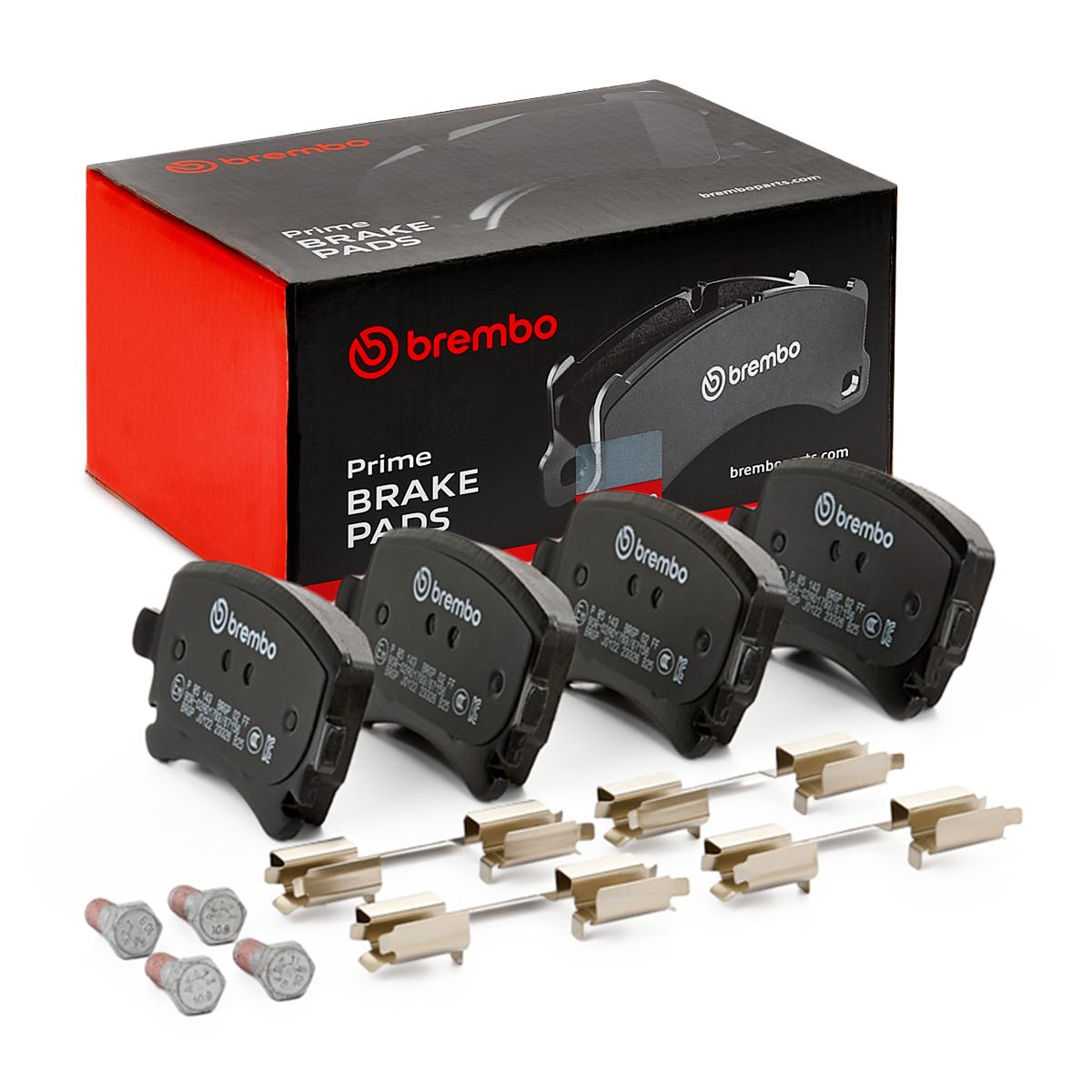 BREMBO P 85 143: Klocki hamulcowe PRIME LINE z dodatkami, ze śrubami prowadzącymi zacisku hamulcowego, z podkładką wytłumiającą Prime