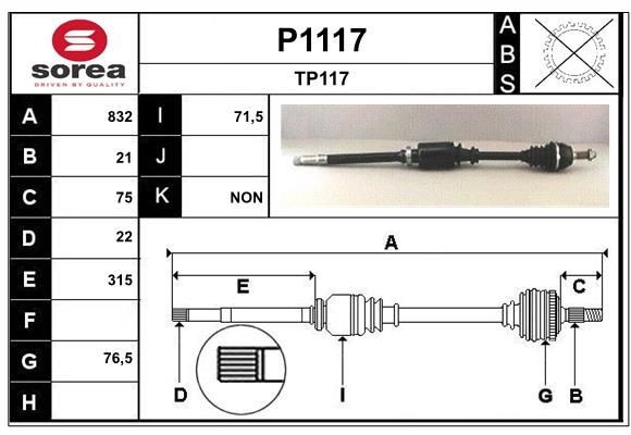 SNRA P1117: Aandrijfas 832mm