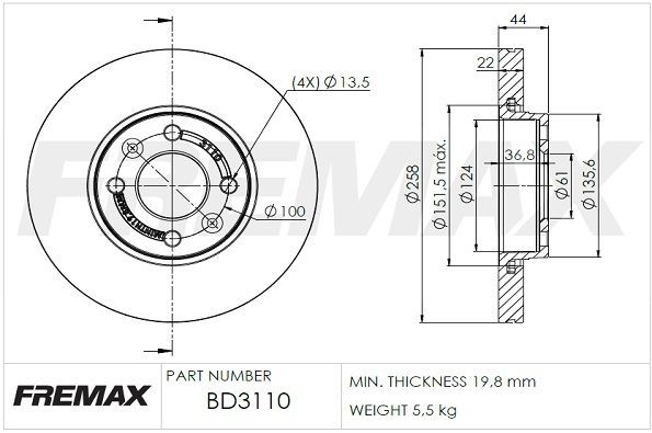 FREMAX BD-3110: Disque de frein Ø: 258mm, ventilé, Ø: 258mm, revêtu