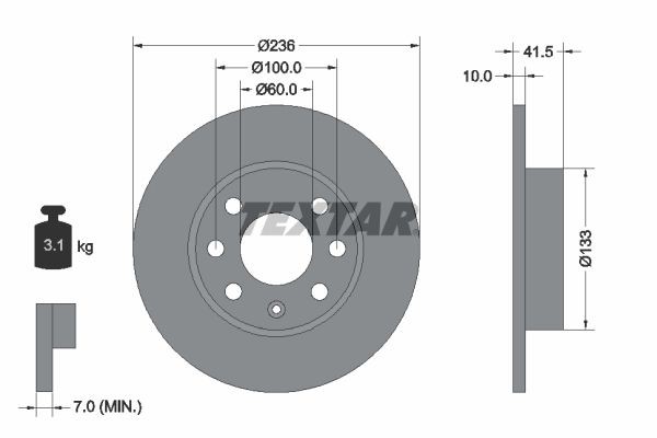TEXTAR 92020800: Disque de frein Ø: 236mm, plein, Ø: 236mm, sans moyeu de roue, sans roulement de roue, sans boulon de fix° de roue