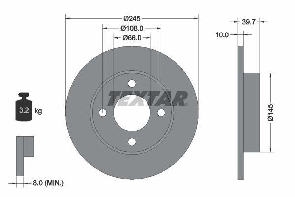 TEXTAR 92026300: Bromsskiva Ø: 245mm, full, Ø: 245mm, utan hjulvnav, utan hjullager, utan hjulbultar