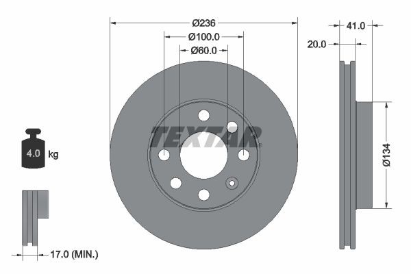 TEXTAR 92029600: Bremžu diski Ø: 236mm, ar iekšējo ventilāciju, Ø: 236mm, bez riteņa rumbas, bez riteņa rumbas gultņa, bez riteņu stiprināšanas skrūvēm