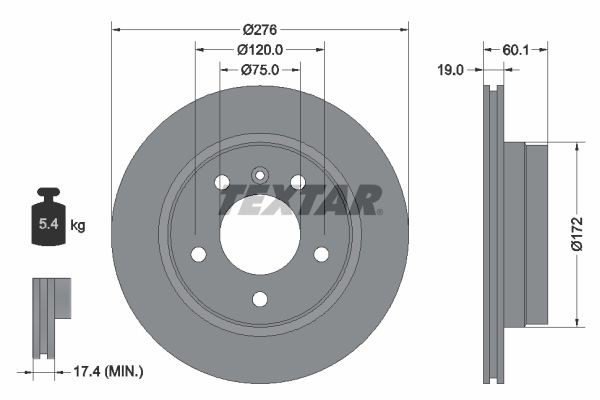 TEXTAR 92072400: Féktárcsa Ø: 276mm, Külső hűtésű, Ø: 276mm, kerékagy nélkül, kerékcsapágy nélkül, kerékrögzítő csavar nélkül