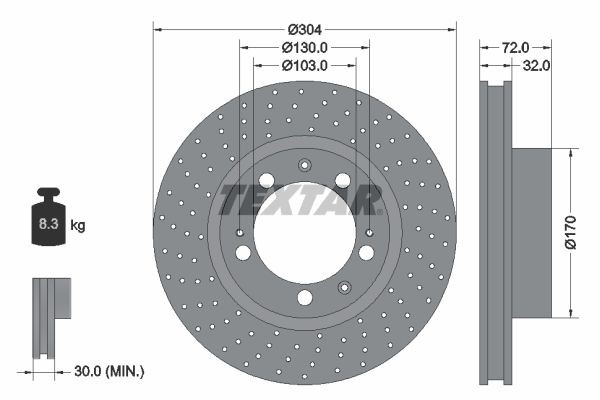 TEXTAR 92076000: Bromsskiva Ø: 304mm, ventilerad invändigt, hålad, Ø: 304mm, utan hjulvnav, utan hjullager, utan hjulbultar
