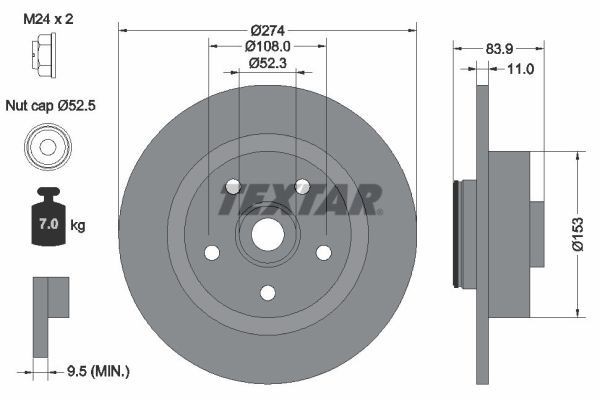 TEXTAR 92142200: Tarcza hamulcowa Ø: 274[mm], pełny, Ø: 274[mm], z nakrętką osiową, ze zintegrowanym magnet. pierścieniem nadajnika impulsów, z łożyskiem koła, bez sworznia mocującego koła, z piastą