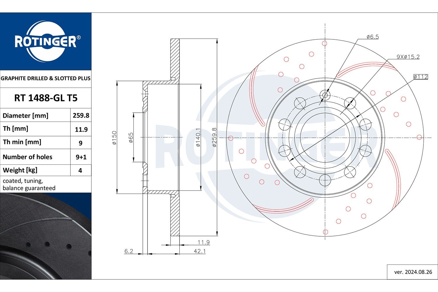 ROTINGER RT 1488-GL T5: Bromsskiva GRAPHITE DRILLED & SLOTTED PLUS Bakaxel, Ø: 259,8mm, hålad, full, Ø: 259,8mm, Galvaniserad