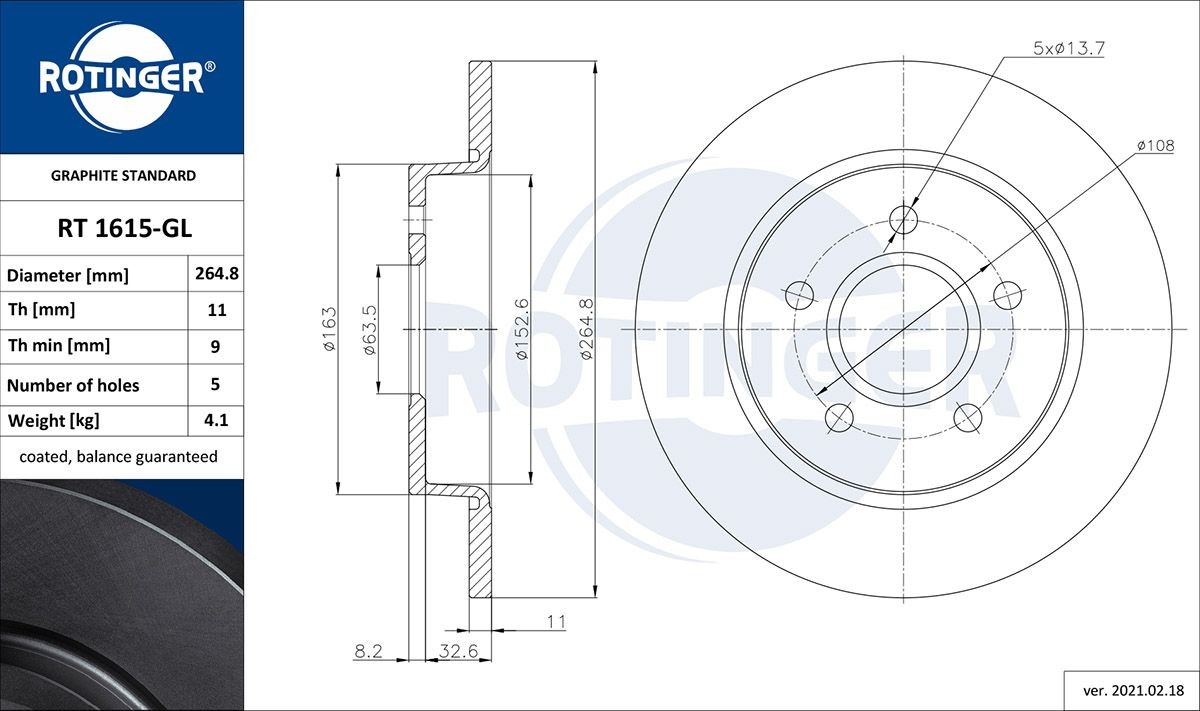 ROTINGER RT 1615-GL: Disco de freno GRAPHITE LINE Eje trasero, Ø: 264,8mm, macizo, Ø: 264,8mm, con revestimiento galvánico