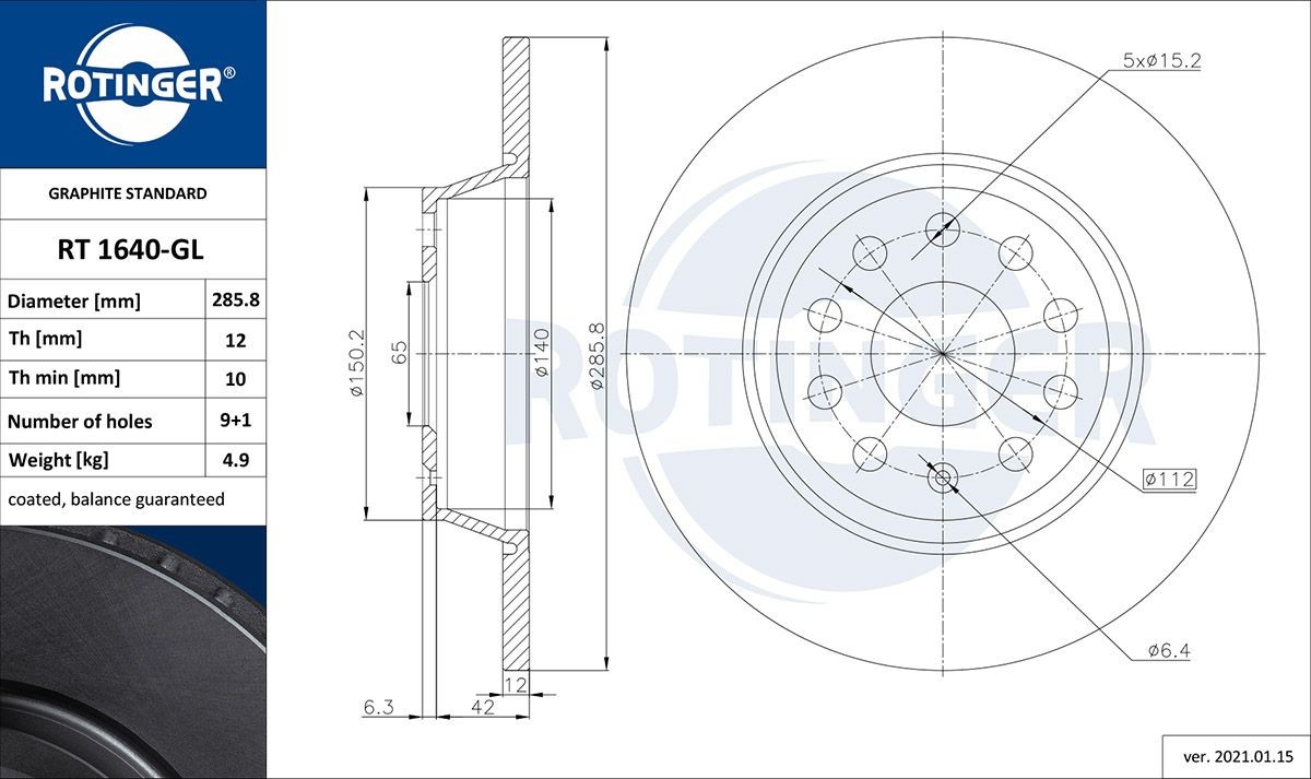 ROTINGER RT 1640-GL: Bromsskiva GRAPHITE LINE Bakaxel, Ø: 285,8mm, full, Ø: 285,8mm, Galvaniserad