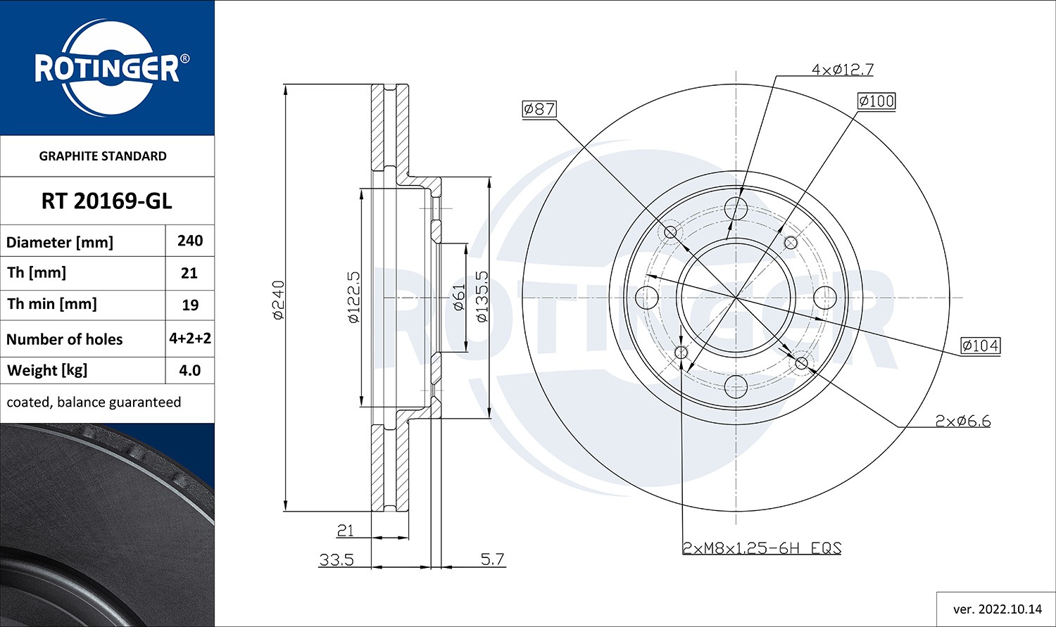 ROTINGER RT 20169-GL: Bromsskiva GRAPHITE LINE framaxel, Ø: 240mm, ventilerad, Ø: 240mm, Galvaniserad